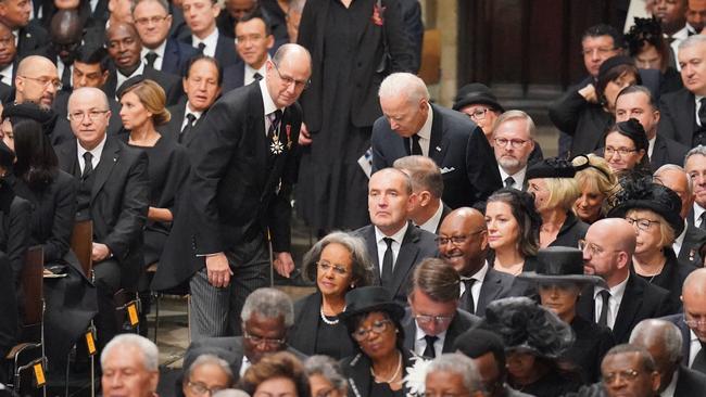 US President Joe Biden taking the world’s worst seat at the funeral of Queen Elizabeth II. Picture: Dominic Lipinski – WPA Pool/Getty Images