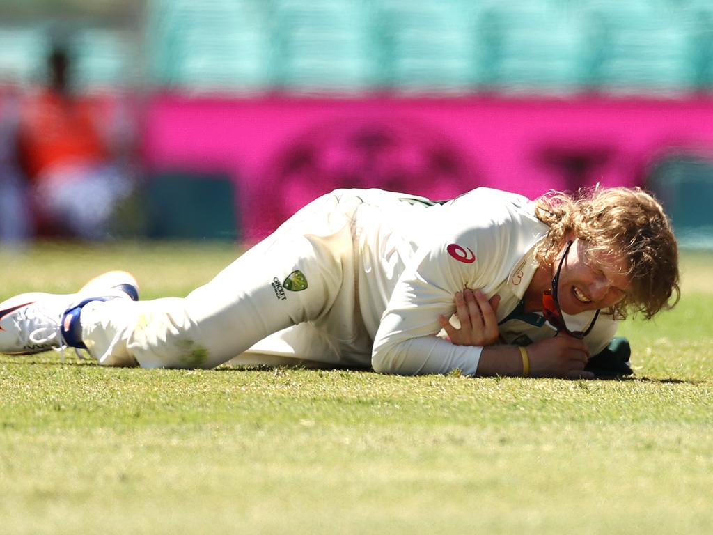 Will Pucovski of Australia injuries his shoulder during day five of the SCG Test.