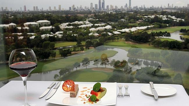 RACV Royal Pines Resort , Videre Restaurant food pics . Pressed duck Terrine -Caramelised campari , gingerbread , confit bloo...