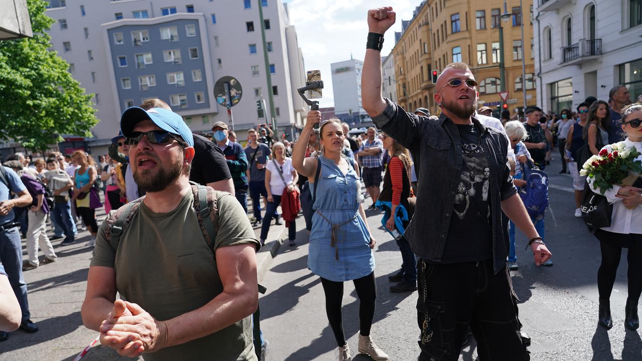 People chant ‘Wir sind das volk!’ (‘We are the people!’) during a protest in Berlin. Picture: Sean Gallup/Getty Images