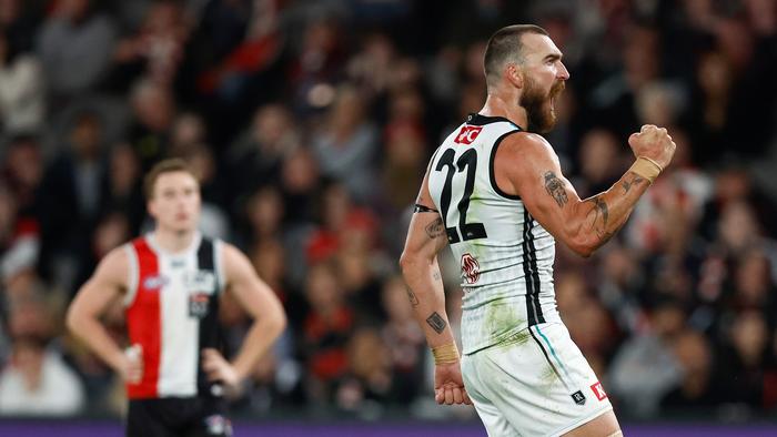 MELBOURNE, AUSTRALIA - APRIL 28: Charlie Dixon of the Power celebrates a goal during the 2023 AFL Round 07 match between the St Kilda Saints and the Port Adelaide Power at Marvel Stadium on April 28, 2023 in Melbourne, Australia. (Photo by Michael Wilson/AFL Photos via Getty Images)