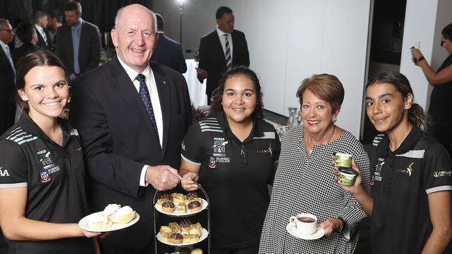 Port Adelaide Football club's Women's Aboriginal AFL Academy attracted the attention of former Governor-General Sir Peter Cosgrove. From L-R academy member Tyarna Hansen, Sir Peter Cosgrove, Afton Penrith, Lynne Cosgrove and Colleen Karpany. Picture: Sarah Reed