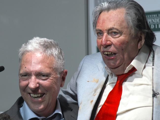 Cartoonist Bill Leak and Les Patterson at the launch of Leak's book "Trigger Warning" in Sydney.