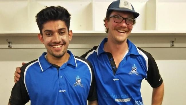 Hamza Qureshi and Nick Neagle celebrate a Royal Park-Brunswick victory. Picture: Supplied