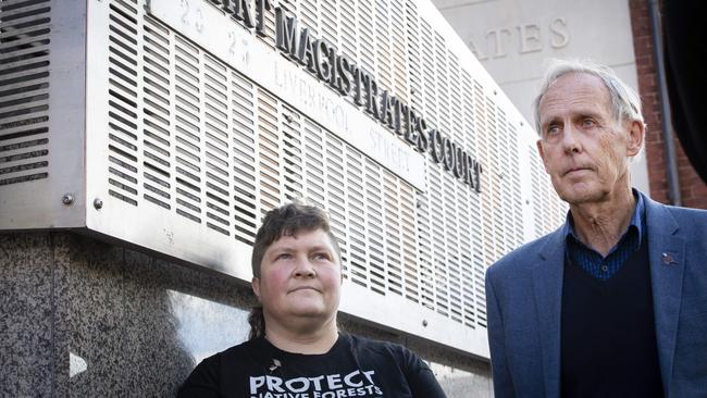 Colette Harmsen and Bob Brown outside the Hobart Magistrates Court on Monday, after pleading not guilty to trespassing in the Styx Valley. Picture: Chris Kidd