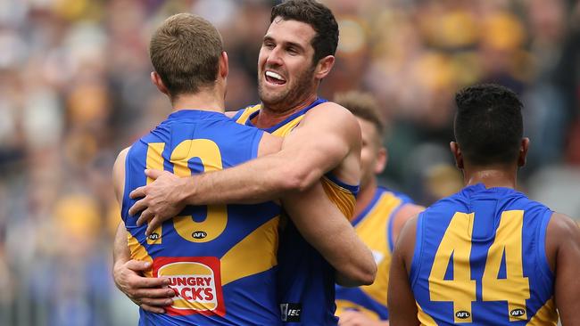 Jack Darling celebrates a goal with Nathan Vardy.