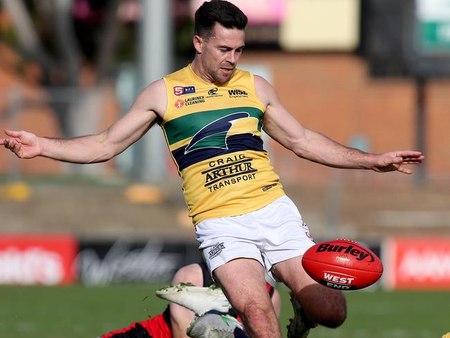 SANFL game between West Adelaide and the Eagles at Richmond Oval. Matthew Goldsworthy shoots truly for the Eagles, for a much needed goal in the second quarter. 25 June 2022. Picture Dean Martin