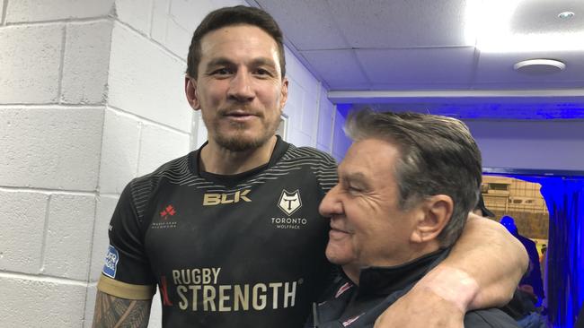 Sonny Bill Williams with Roosters chairman Nick Politis at a Super League match in February.