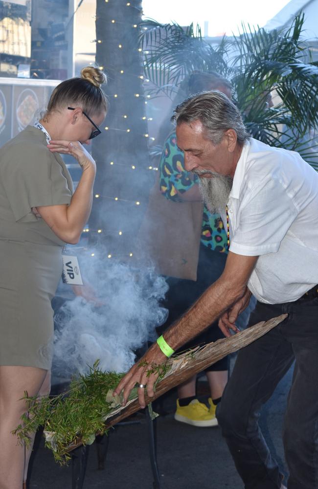 Uncle Kev Starkey (Elder for Queensland, Darkwood Studio) conducting a smoking ceremony at The Station's opening night.