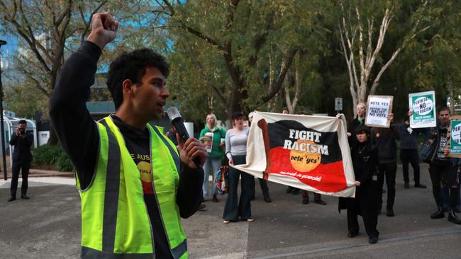 Protesters outside Voice to Parliament rally at Riverside Theatre, Perth Convention and Exhibition Centre. Picture: NCA NewsWire/Philip Gostelow