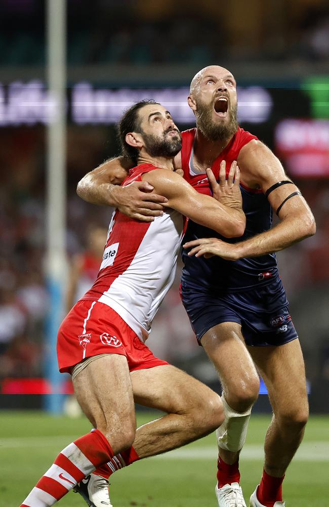 Sydney's Brodie Grundy and Melbourne's Max Gawn clash in Opening Round in Sydney. Picture: Phil Hillyard.