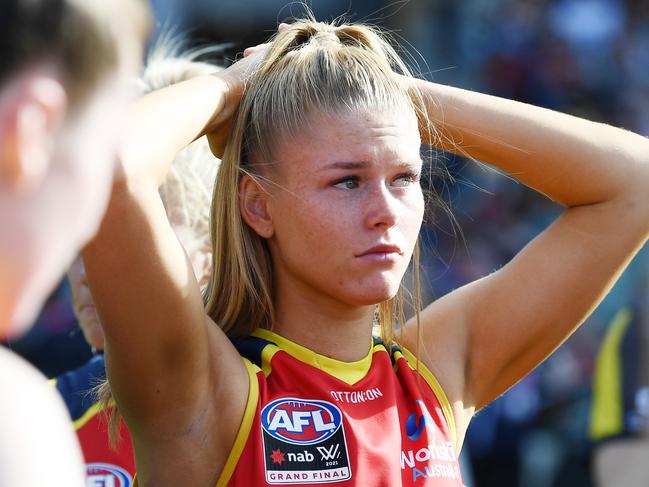 ADELAIDE, AUSTRALIA - APRIL 17: Ashleigh Woodland of the Crows dejected after losing  the AFLW Grand Final match between the Adelaide Crows and the Brisbane Lions at Adelaide Oval on April 17, 2021 in Adelaide, Australia. (Photo by Mark Brake/Getty Images)