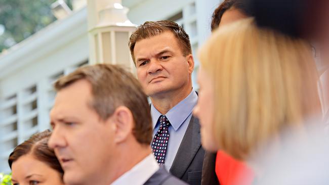 Sacked former Labor minister Ken Vowles looks on at Chief Minister Michael Gunner. Picture: Michale Franchi