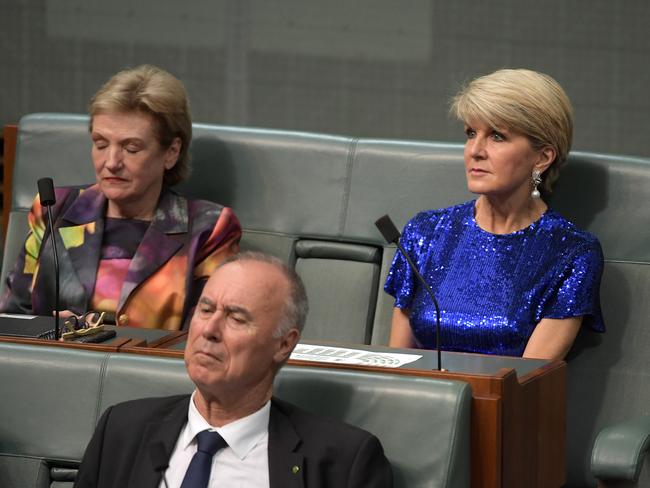  Julie Bishop listens to Treasurer Josh Frydenberg deliver the budget in the House of Representatives. Picture: Getty