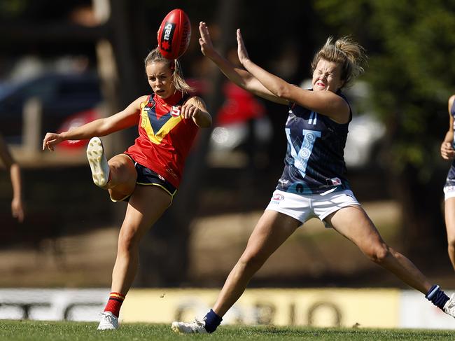 The AFLW draft is on June 29. Will under-18s SA state representative Sachi Syme, left, be picked up? Picture: Jonathan DiMaggio/AFL Photos/via Getty Images