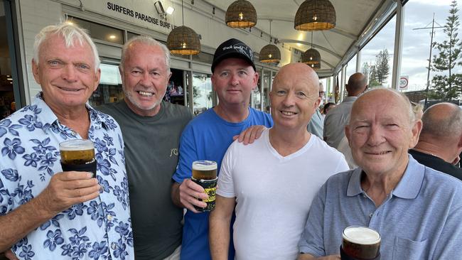 Rowdy Burnes, Tony Flinn, Berne Jenkins, Adam Warren and John Kirby started the celebration early at Surfers Paradise Surf Lifesaving Club.