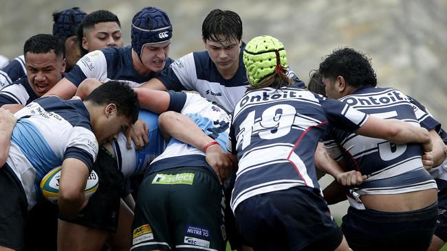 NSW Barbarians (blue and white) v Victoria at last year’s Australian School Rugby Championships at Knox Grammar. Picture: John Appleyard