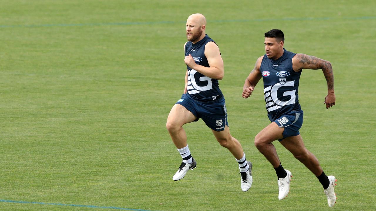 Gary Ablett and Tim Kelly at Geelong training. Picture: Alison Wynd