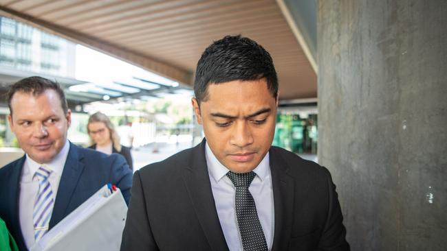 Dave Garratt with NRL player Anthony Milford as he left Brisbane Magistrates court in April. Picture: Brad Fleet