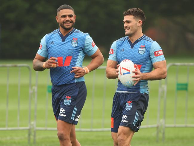 Cleary (right), alongside Latrell Mitchell, is thrilled to be back in NSW camp. Picture: Rohan Kelly