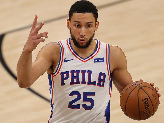 ATLANTA, GEORGIA - JUNE 18: Ben Simmons #25 of the Philadelphia 76ers calls out a play against the Atlanta Hawks during the first half of game 6 of the Eastern Conference Semifinals at State Farm Arena on June 18, 2021 in Atlanta, Georgia. NOTE TO USER: User expressly acknowledges and agrees that, by downloading and or using this photograph, User is consenting to the terms and conditions of the Getty Images License Agreement.   Kevin C. Cox/Getty Images/AFP == FOR NEWSPAPERS, INTERNET, TELCOS & TELEVISION USE ONLY ==