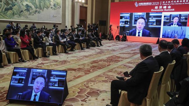 Tesla CEO Elon Musk addressed the China Development Forum in Beijing remotely on Saturday. Picture: Shutterstock