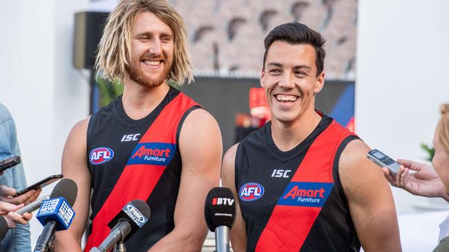 Dylan Shiel with Essendon captain Dyson Heppell. Picture: Jason Edwards