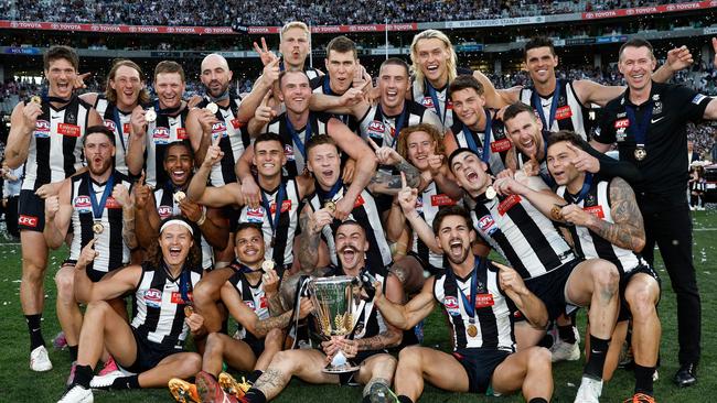 MELBOURNE, AUSTRALIA - SEPTEMBER 30: The Magpies celebrate during the 2023 AFL Grand Final match between the Collingwood Magpies and the Brisbane Lions at the Melbourne Cricket Ground on September 30, 2023 in Melbourne, Australia. (Photo by Michael Willson/AFL Photos via Getty Images)