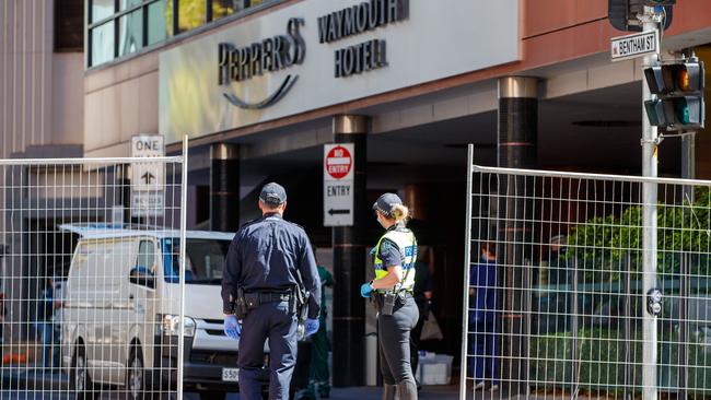 Police at the barricade outside the Peppers Waymouth Hotel. Picture: Matt Turner.