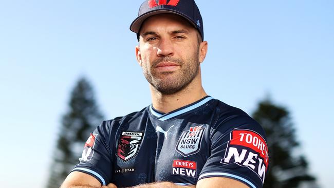 SYDNEY, AUSTRALIA - MAY 22: NSW Blues captain James Tedesco poses during a NSW Blues State of Origin Media Opportunity at the Crowne Plaza, Coogee on May 22, 2023 in Sydney, Australia. (Photo by Mark Kolbe/Getty Images)