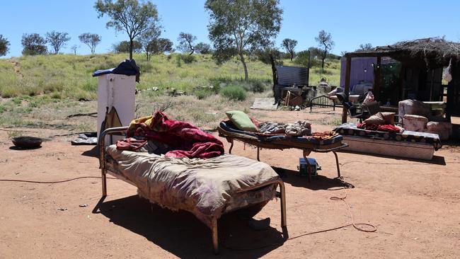 Residents at White Gate, a camp outside of Alice Springs, are forced to sleep outside due to living conditions in the small tin sheds they call home. Picture: Riley Walter