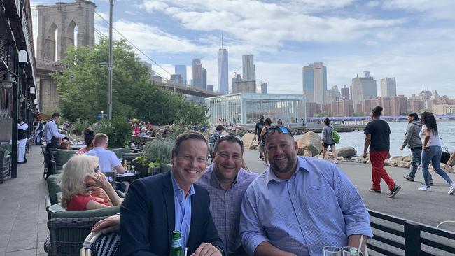 Manly boss Scott Penn meeting Ricky Wilby and Tony Feasey in New York. Picture: Supplied.