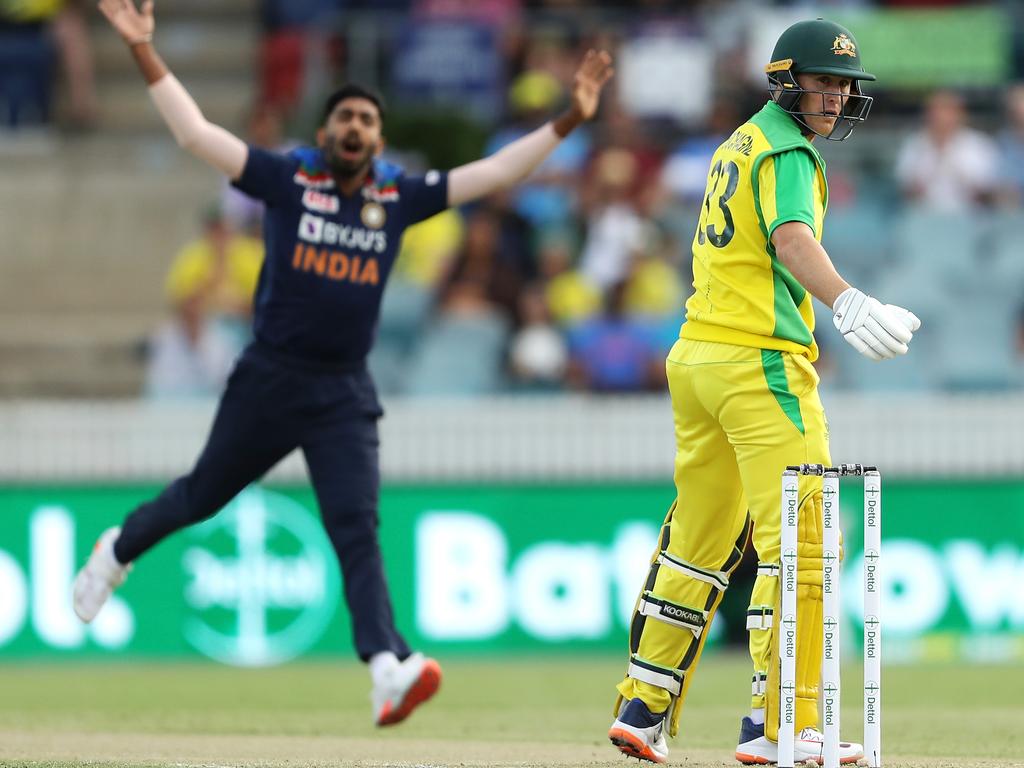 Jasprit Bumrah of India bowls to Marnus Labuschagne.