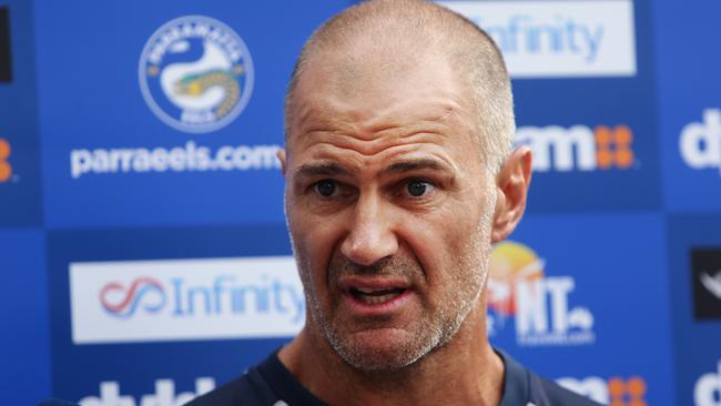 Brad Arthur coach of the Parramatta Eels rugby league team talks to the media at Pirtek Stadium, Parramatta ahead of a closed training session. Pic Brett Costello