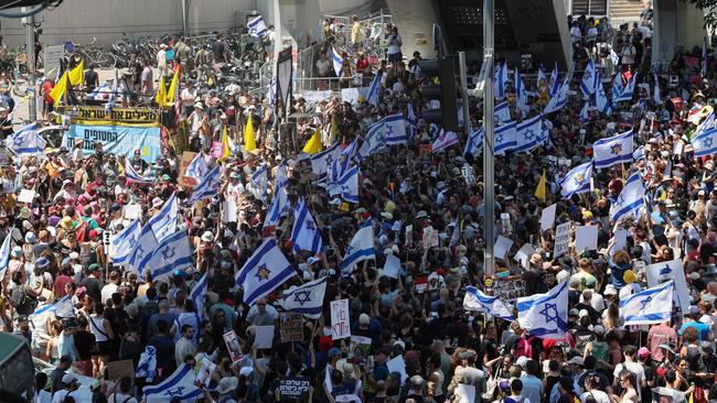 Families and supporters of Israeli hostages during a rally on Monday in Tel Aviv demanding their release. Picture: AFP