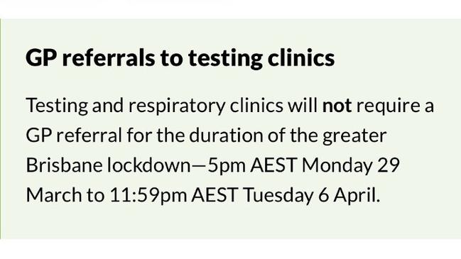 The end date for Brisbane’s lockdown was changed in this section from the Queensland Health website.