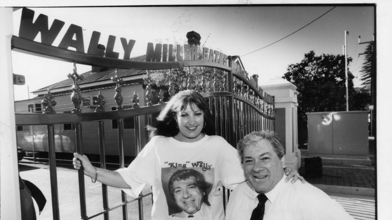 Former footballer and administrator Wally Miller (r) with SA politician Vini Ciccarello at opening of Wally Miller Gates at Norwood Redlegs football club 03 Mar 1994. Taken by Phil Hillyard.