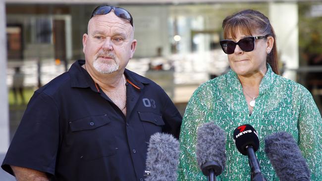 Brett and Belinda Beasley speak to the media at the Supreme Court in Brisbane after the teen convicted of their son Jack’s murder was unsuccessful in the appeal to have the length of his sentence reduced. Picture: NCA NewsWire/Tertius Pickard