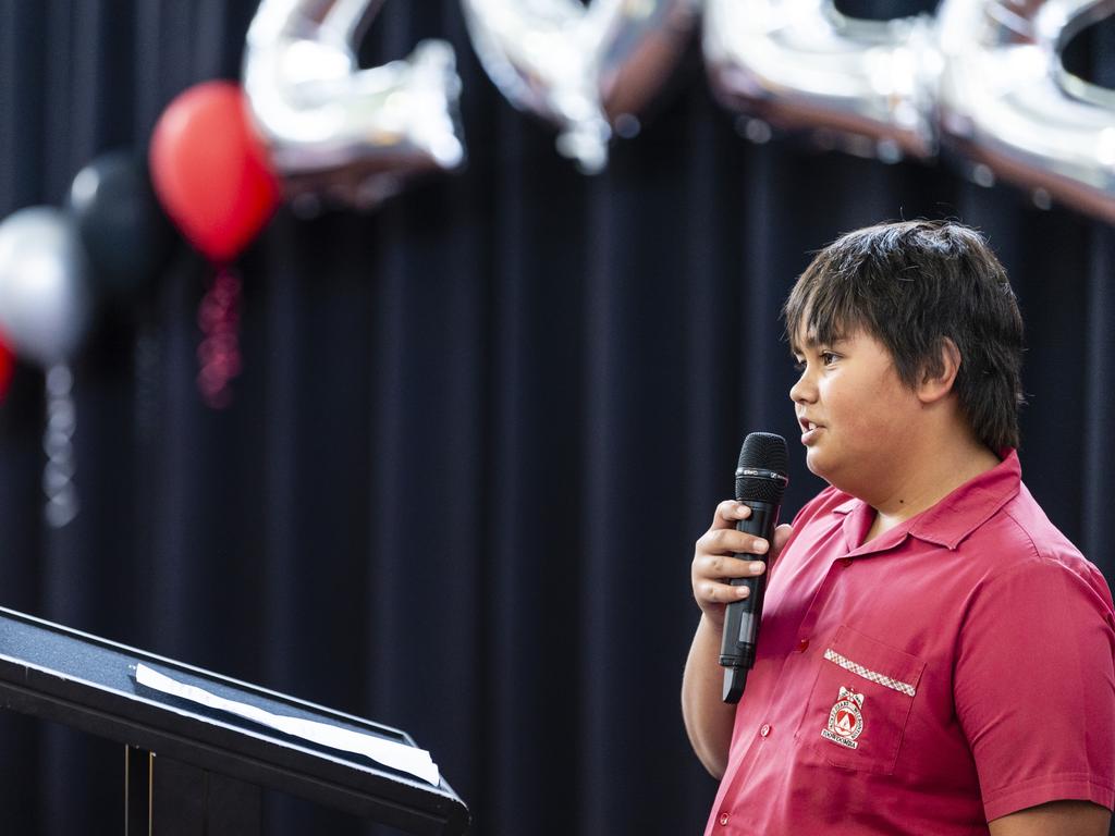 Sacred Heart Primary School Year 5 student Alexander Alston farewells the Year 6 students at the awards presentation and Yr 6 graduation, Friday, December 2, 2022. Picture: Kevin Farmer