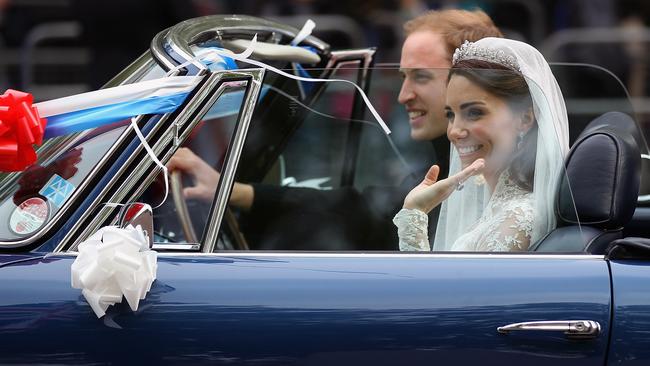 William and Kate drove from Buckingham Palace to Clarence House in an Aston Martin on their big day. Picture: Getty Images