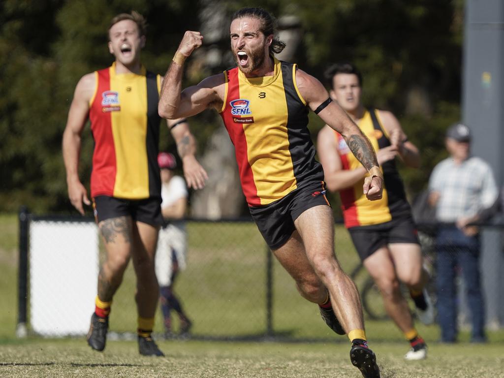 Cheltenham’s Dylan Weickhardt celebrates a goal. Picture: Valeriu Campan