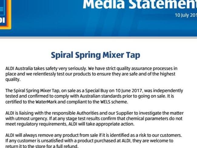 Aldi's media statement on the lead contamination scare. Picture: Supplied