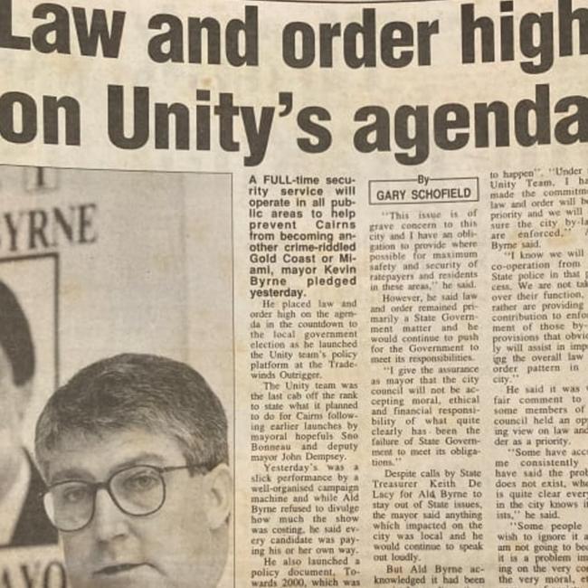 A Cairns Post article from 1994 reveals then-mayor Kevin Byrne's plan to launch a citywide security force to deal with spiralling crime issues. Picture: Cairns Post