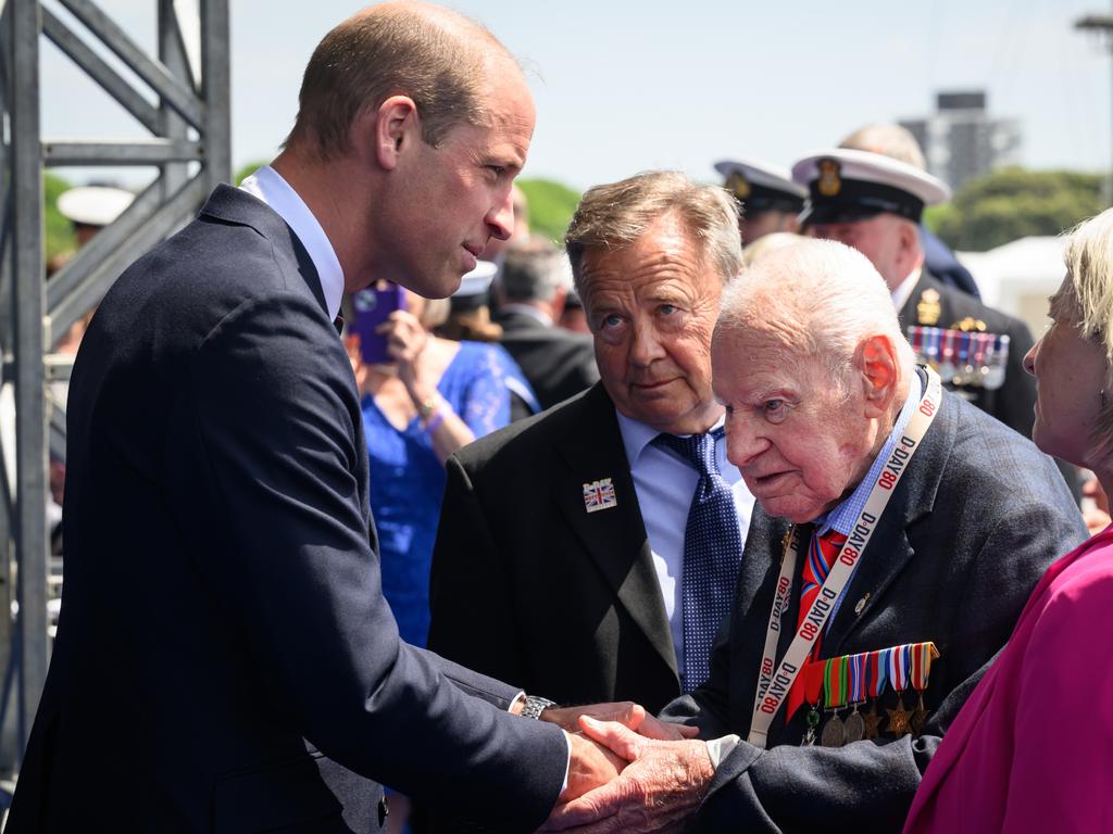 Prince William, the Prince of Wales speaks with a D-Day veteran in Portsmouth, England. Picture: Getty Images