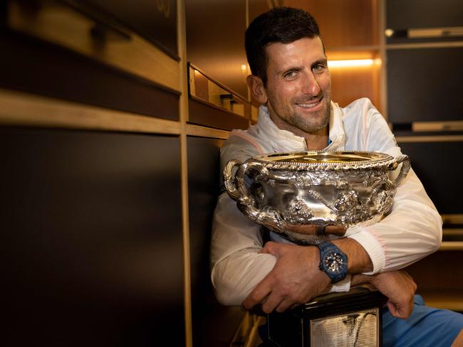 Novak Djokovic with last year’s Australian Open trophy. Picture: Fiona Hamilton/Tennis Australia/AFP