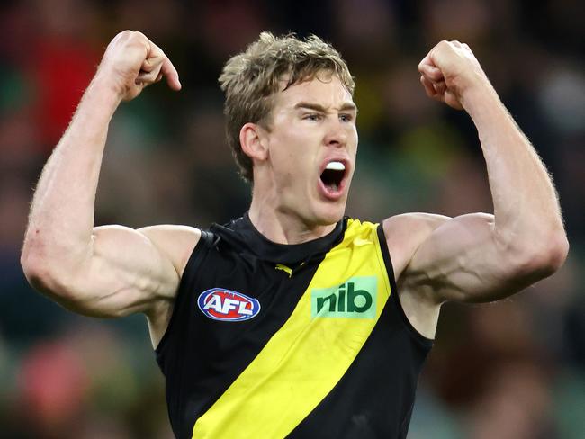 2022 AFL Football Round 20 - Richmond Tigers V Brisbane Lions at the MCG. Tom Lynch of the Richmond Tigers celebrates kicking the winner. Picture: Mark Stewart