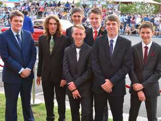 Arriving together at the Pittsworth State High School formal are (from left) Matt Lack, Will Wilson, Riley O'Sullivan, Harrison Pirie, Sean Collins, Tristan Hall and Phoenix Ridgway. . Picture: Contributed