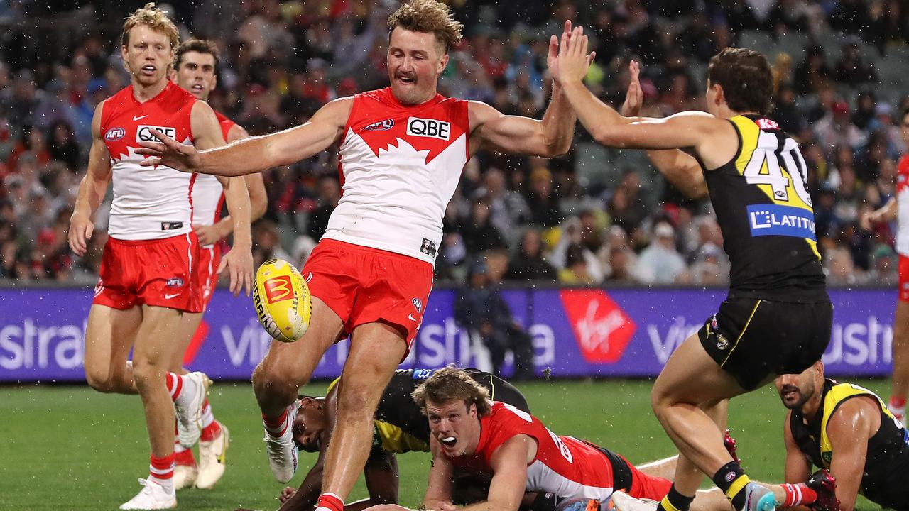 Will Gould in AFL action for the Sydney Swans against Richmond at Adelaide Oval during Gather Round in 2023. Picture: Sarah Reed/AFL Photos via Getty Images