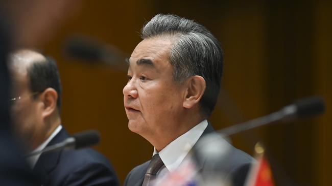 Chinese Foreign Minister Wang Yi during his meeting with Australian counterpart Penny Wong at Parliament House in Canberra. Picture: NCA NewsWire / Martin Ollman