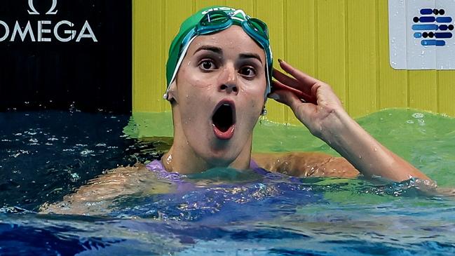 Kaylee McKeown reacts after breaking the World Record during women's 50m backstroke final during the World Aquatics Swimming World Cup. Picture: David Balogh/Getty Images